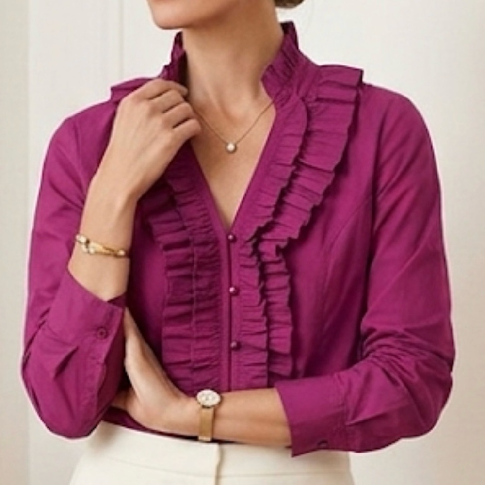 Soft Surroundings Magenta Pink Ruffle V-Neck‎ Button Down Blouse 24288 Womens L